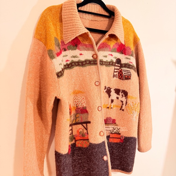 Sweaters - Vintage Knit D’Argent Farm Scene Button Front Cardigan Sweater